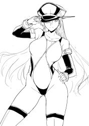 Rule 34 | 10s, 1girl, adapted costume, bismarck (kancolle), competition swimsuit, elbow gloves, gloves, greyscale, halcon, hat, kantai collection, monochrome, one-piece swimsuit, peaked cap, solo, standing, swimsuit, thighhighs
