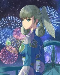 Rule 34 | 1girl, alternate costume, fireworks, grey hair, head wings, highres, japanese clothes, kimono, looking to the side, melia antiqua, outdoors, sky, solo, star (sky), starry sky, wings, xenoblade chronicles (series), xenoblade chronicles 1