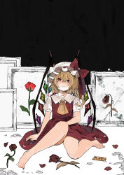 Rule 34 | 1girl, absurdres, ascot, bad feet, bare legs, barefoot, blonde hair, collared shirt, crystal, flandre scarlet, flower, full body, hat, hat ribbon, highres, medium hair, mob cap, multicolored wings, niseneko (mofumofu ga ienai), on floor, one side up, petals, puffy short sleeves, puffy sleeves, red eyes, red flower, red ribbon, red rose, red skirt, red vest, revision, ribbon, rose, rose petals, shirt, short sleeves, sitting, skirt, skirt set, solo, thighs, touhou, vest, white hat, white shirt, wings, withered, yellow ascot