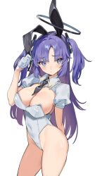 1girl alternate_costume animal_ears bare_legs black_halo blue_archive blue_eyes blue_hair breasts cleavage covered_navel fake_animal_ears gloves halo highres large_breasts leotard long_hair mechanical_halo nonco playboy_bunny puffy_short_sleeves puffy_sleeves rabbit_ears short_sleeves simple_background solo standing thighs two_side_up white_background white_gloves white_leotard yuuka_(blue_archive)