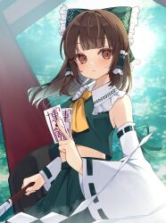 Rule 34 | 1girl, alternate color, ascot, bare shoulders, blush, bow, brown eyes, brown hair, day, detached sleeves, gohei, green bow, green skirt, hair bow, hair tubes, hakurei reimu, highres, holding, holding gohei, japanese clothes, long hair, looking at viewer, nontraditional miko, ofuda, outdoors, parted lips, pleated skirt, ribbon-trimmed sleeves, ribbon trim, sidelocks, skirt, solo, torii, touhou, white sleeves, wide sleeves, yellow ascot, yuineko
