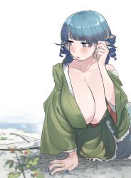 Rule 34 | 1girl, arm support, bent over, blue eyes, blue hair, blue nails, blunt bangs, breasts, cleavage, collarbone, drill hair, embarrassed, frilled kimono, frills, frogsnake, green kimono, huge breasts, japanese clothes, kimono, looking to the side, medium hair, mermaid, monster girl, nail polish, open mouth, plunging neckline, solo, touhou, wakasagihime, wide sleeves