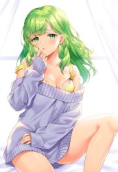 Rule 34 | 1girl, :o, bare shoulders, blush, bra, breasts, cleavage, commentary request, curtains, feet out of frame, green eyes, green hair, grey sweater, hand up, highres, indoors, knee up, long hair, long sleeves, looking at viewer, medium breasts, morinaka kazaki, mosomoso, nijisanji, off-shoulder sweater, off shoulder, parted lips, sitting, sleeves past wrists, solo, sweater, underwear, virtual youtuber, yellow bra