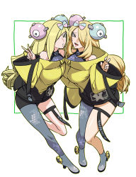 Rule 34 | 2girls, bare shoulders, black coat, black shorts, braid, breasts, coat, collarbone, cosplay, covered collarbone, creatures (company), cynthia (pokemon), eyelashes, fingernails, full body, furrowed brow, game freak, gen 1 pokemon, green eyes, grey eyes, grey footwear, grey pantyhose, hair over one eye, halterneck, hexagon print, high heels, highres, iono (pokemon), iono (pokemon) (cosplay), kenchi, knees together feet apart, large breasts, leg up, long hair, long sleeves, looking at viewer, low-tied long hair, lusamine (pokemon), magnemite, magnet, mature female, multicolored coat, multiple girls, nintendo, one-eyed, open mouth, outline, pantyhose, pokemon, pokemon (creature), pokemon dppt, pokemon sm, pokemon sv, screw, sharp teeth, shorts, single leg pantyhose, standing, standing on one leg, star (symbol), star print, teeth, thigh strap, two-tone coat, v, white background, wide sleeves, yellow coat, yellow outline