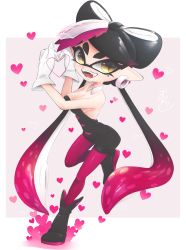 Rule 34 | + +, 1girl, black hair, black jumpsuit, breasts, callie (splatoon), cleavage, detached collar, earrings, fangs, food, food on head, gloves, happy, heart, heart hands, highres, inkling, jewelry, jumpsuit, long hair, looking at viewer, mole, mole under eye, nintendo, object on head, okome 2g2g, open mouth, pantyhose, pointy ears, purple pantyhose, short jumpsuit, solo, splatoon (series), splatoon 1, tentacle hair, white gloves, yellow eyes