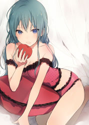 Rule 34 | 1girl, apple, blue eyes, blue hair, camisole, cushion, food, fruit, hair down, hatsune miku, holding, holding food, holding fruit, long hair, lpip, matching hair/eyes, off shoulder, panties, pillow, romeo to cinderella (vocaloid), solo, underwear, vocaloid