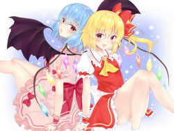 Rule 34 | 2girls, :d, :o, ascot, back-to-back, bad id, bad pixiv id, bat wings, blonde hair, blouse, blue background, blue hair, fang, feet out of frame, flandre scarlet, gradient background, hair between eyes, knees up, legs up, looking at viewer, looking back, multiple girls, no headwear, open mouth, pink shirt, pink skirt, puffy short sleeves, puffy sleeves, red ascot, red eyes, red skirt, red vest, remilia scarlet, shirt, short hair, short sleeves, siblings, sisters, sitting, skirt, smile, star (symbol), starry background, tosakaoil, touhou, vest, wings, wrist cuffs, yellow ascot
