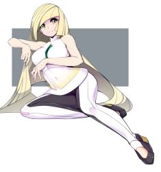 Rule 34 | 1girl, bad id, bad twitter id, black footwear, blonde hair, breasts, closed mouth, covered erect nipples, covered navel, creatures (company), expressionless, frown, game freak, high heels, highres, long hair, looking at viewer, lusamine (pokemon), lying, nintendo, on side, pokemon, pokemon sm, serious, sitting, sleeveless, slugbox, solo, two-tone background, very long hair, wariza, yellow eyes