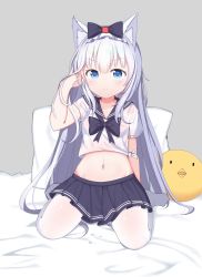 Rule 34 | 1girl, absurdres, alternate costume, azur lane, bed sheet, black bow, black bowtie, black skirt, blue eyes, blush, bow, bowtie, closed mouth, commentary request, grey background, hammann (azur lane), hand in own hair, highres, long hair, looking at viewer, midriff, navel, no shoes, pantyhose, pillow, pleated skirt, school uniform, see-through, serafuku, shirt, short sleeves, silver hair, sitting, skirt, solo, starfox1015, very long hair, wariza, wet, wet clothes, wet shirt, wet skirt, white pantyhose, white shirt