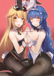 Rule 34 | animal ears, aviator sunglasses, black legwear, black leotard, black neckwear, blonde hair, blue hair, blunt bangs, bow, bowtie, breasts, cleavage, detached collar, eyewear on head, fake animal ears, fishnet pantyhose, fishnets, from side, girls&#039; frontline, gradient background, green eyes, hair flaps, heart, heart-shaped pupils, holding hands, interlocked fingers, leotard, long hair, looking at viewer, m1918 (bunny girl) (girls&#039; frontline), m1918 (girls&#039; frontline), necktie, official alternate costume, outline, pantyhose, pink background, playboy bunny, rabbit ears, rabbit tail, red background, sitting, strapless, strapless leotard, sunglasses, symbol-shaped pupils, tail, tar-21 (girls&#039; frontline), tar-21 (night at the bar) (girls&#039; frontline), traditional bowtie, very long hair, wariza, wavy hair, white leotard, wrist cuffs, yellow eyes, yueqin (monnpiano)