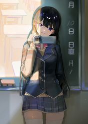 Rule 34 | 1girl, black hair, camcorder, camera, chalkboard, classroom, commentary, desk, hair ornament, hairclip, head tilt, highres, holding, holding camera, indoors, light smile, long hair, looking at viewer, lowro (en), miniskirt, nijisanji, projector, purple eyes, red neckwear, school desk, school uniform, skirt, solo, standing, straight hair, thighhighs, translation request, tsukino mito, tsukino mito (1st costume), video camera, virtual youtuber, white thighhighs, zettai ryouiki
