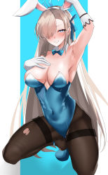 Rule 34 | absurdres, armpits, asuna (blue archive), asuna (bunny) (blue archive), black pantyhose, blue archive, bow, bowtie, breasts, cleavage, highres, kneeling, leotard, mole, mole on breast, musicatopos, pantyhose, playboy bunny, pulque, seductive smile, skindentation, smile, suggestive fluid, torn clothes, torn legwear, traditional bowtie