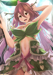 Rule 34 | 1girl, arm behind head, blush, breasts, brown eyes, cliff, day, from below, giant, giantess, granblue fantasy, green panties, hair between eyes, hair ornament, heart, kanzaki kureha, large breasts, leaf clothing, long hair, looking at viewer, looking down, low twintails, monster girl, multicolored hair, navel, open mouth, panties, pink hair, plant girl, size difference, sky, solo focus, twintails, two-tone hair, underwear, very long hair, yggdrasil (granblue fantasy)
