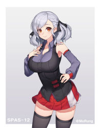 Rule 34 | 1girl, bad id, bad pixiv id, black ribbon, black thighhighs, breasts, brown eyes, character name, cleavage, closed mouth, detached sleeves, girls&#039; frontline, gradient background, grey background, hair ribbon, hand on own hip, highres, large breasts, looking at viewer, morung, red skirt, ribbon, short hair, silver hair, skirt, smile, solo, spas-12 (girls&#039; frontline), standing, thighhighs, twitter username, zettai ryouiki