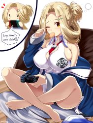 Rule 34 | 1girl, azur lane, bare legs, bare shoulders, barefoot, between breasts, blonde hair, blue jacket, blush, braid, breasts, bunker hill (azur lane), chibi, chips (food), cleavage, collared shirt, commentary request, controller, cosplay, dress shirt, english text, food, food in mouth, forehead, game controller, hair ornament, hair rings, hairclip, hand up, highres, holding, jacket, kamishiro (rsg10679), large breasts, long island (azur lane), long island (azur lane) (cosplay), long sleeves, looking at viewer, mouth hold, off shoulder, open clothes, open jacket, parted bangs, ponytail, potato chips, retrofit (azur lane), shirt, skindentation, sleeveless, sleeveless shirt, sleeves past wrists, white background, white shirt, x hair ornament
