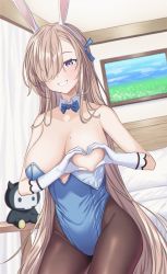 Rule 34 | 1girl, absurdly long hair, animal ears, asuna (blue archive), asuna (bunny) (blue archive), blue archive, blue eyes, blue leotard, blue ribbon, blush, bow, bowtie, breasts, cleavage, detached collar, fake animal ears, gloves, grin, hair over one eye, heart, heart-shaped boob challenge, heart hands, highres, large breasts, leotard, light brown hair, long hair, looking at viewer, mole, mole on breast, o-los, official alternate costume, pantyhose, playboy bunny, rabbit ears, ribbon, smile, solo, swept bangs, very long hair, white gloves