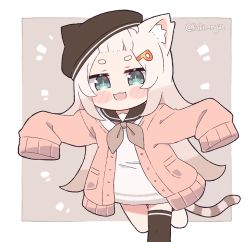 Rule 34 | 1girl, animal ear fluff, animal ears, animal hat, bangs pinned back, blue eyes, blush, blush stickers, borrowed character, cardigan, cat ears, cat girl, cat hat, cat tail, chibi, commentary, dress, english commentary, hair ornament, hairclip, hat, hikimayu, kukie-nyan, long hair, looking at viewer, original, oversized clothes, running, sailor collar, sailor dress, short dress, short eyebrows, single thighhigh, sleeves past fingers, sleeves past wrists, slit pupils, solo, tail, thick eyebrows, thighhighs, twitter username, white hair