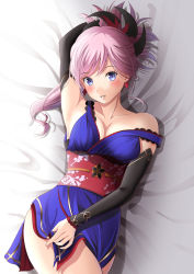 Rule 34 | 1girl, absurdres, armpits, bad id, bad pixiv id, bed, blue eyes, blush, breasts, cleavage, collarbone, detached sleeves, earrings, fate/grand order, fate (series), furan (pixiv20237436), hair ornament, highres, japanese clothes, jewelry, kimono, light purple hair, long hair, looking at viewer, lying, medium breasts, miyamoto musashi (fate), miyamoto musashi (first ascension) (fate), on back, parted lips, ponytail, sash, solo, thighhighs