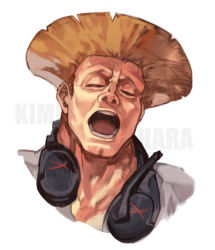 Rule 34 | 1boy, blonde hair, capcom, closed eyes, collarbone, cropped torso, flattop, guile, headphones, headphones around neck, hungry clicker, male focus, nose, open mouth, portrait, shirt, short hair, simple background, solo, street fighter, street fighter v, teeth, white shirt, yawning