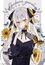 Rule 34 | black dress, blush, breasts, bug, butterfly, cowboy shot, dress, finger to mouth, flower, grey butterfly, hair ribbon, highres, holding, holding flower, insect, lace, long hair, long sleeves, looking at viewer, medium breasts, mole, original, ribbon, satsuki (miicat), twintails, very long hair, white butterfly, yellow butterfly, yellow eyes, yellow flower