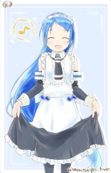 Rule 34 | 10s, 1girl, :d, ^ ^, adapted costume, alternate costume, bare shoulders, blue hair, closed eyes, clothes lift, detached sleeves, enmaided, facing viewer, gradient hair, kantai collection, long hair, long skirt, mae (maesanpicture), maid, maid headdress, multicolored hair, musical note, numbered, open mouth, pantyhose, quaver, samidare (kancolle), simple background, skirt, skirt lift, smile, solo, speech bubble, spoken musical note, swept bangs, twitter username, very long hair