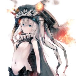 Rule 34 | 10s, 1girl, blue eyes, bodysuit, glowing, glowing eyes, kantai collection, long hair, pale skin, personification, silver hair, solo, wo-class aircraft carrier, yudough