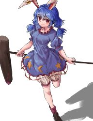 Rule 34 | 1girl, absurdres, animal ears, bad id, bad pixiv id, bloomers, blue dress, blue hair, closed mouth, crescent, dress, frilled dress, frills, hair between eyes, highres, holding, leg up, long hair, low twintails, mallet, nob1109, puffy short sleeves, puffy sleeves, rabbit ears, red eyes, seiran (touhou), shadow, short sleeves, simple background, smile, solo, star (symbol), touhou, twintails, underwear, white background, white bloomers