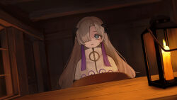 Rule 34 | 1girl, cabin, candle, cevio, chair, coat, commentary request, dutch angle, grey eyes, grey hair, hair ornament, hair over one eye, high collar, highres, histoire-ange, indoors, kamitsubaki studio, lantern, looking up, multicolored hair, night, o-ring, one eye covered, open mouth, purple hair, sekai (cevio), single flame, solo, standing, streaked hair, table, upper body, white coat, window