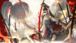 Rule 34 | 1girl, achyue, anklet, arms up, barefoot, black hair, breasts, broken, broken chain, chain, chain, high ponytail, highres, holding, holding sword, holding weapon, horns, jewelry, long hair, looking at viewer, midriff, multiple views, navel, onmyoji, outdoors, planted sword, planted, ponytail, red eyes, skirt, sword, very long hair, weapon, youtouhime