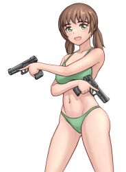 Rule 34 | 1girl, absurdres, bikini, brown hair, commentary, cowboy shot, dual wielding, green bikini, green eyes, gun, hair tie, halterneck, handgun, highres, holding, holding gun, holding weapon, kzm (sub-moa works), looking at viewer, low twintails, medium hair, minakami sayaka, navel, open mouth, original, simple background, smile, solo, standing, swimsuit, twintails, weapon, white background