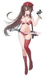 Rule 34 | 1girl, absurdres, asymmetrical legwear, bad id, bad twitter id, bare arms, bare shoulders, beret, bikini, blue eyes, boots, breasts, brown hair, checkered flag, choker, cleavage, commission, criss-cross halter, flag, full body, girls&#039; frontline, gun, hair ribbon, halterneck, hat, highres, holding, knee boots, large breasts, long hair, looking at viewer, midriff, nannung, navel, original, race queen, red bikini, red choker, red footwear, red hat, red thighhighs, ribbon, saiga-12 (crimson navigator) (girls&#039; frontline), side ponytail, simple background, single knee boot, single thigh boot, solo, standing, stomach, string bikini, submachine gun, swimsuit, thigh boots, thigh gap, thighhighs, thighs, very long hair, weapon, weapon on back, white background