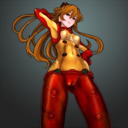 Rule 34 | 00s, 1girl, arm up, bad id, bad pixiv id, bodysuit, breasts, brown hair, cameltoe, cleft of venus, covered erect nipples, crotch, curvy, evangelion: 2.0 you can (not) advance, from below, hand on own hip, lips, long hair, looking at viewer, looking down, medium breasts, multicolored clothes, navel, neon genesis evangelion, ntw-20 (artist), plugsuit, rebuild of evangelion, red bodysuit, see-through, see-through bodysuit, shiny clothes, skin tight, solo, souryuu asuka langley, standing, test plugsuit, very long hair, wide hips