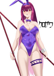 Rule 34 | 1girl, animal ears, bare shoulders, blush, breasts, cleavage, detached collar, fake animal ears, fate/grand order, fate (series), gae bolg (fate), hair between eyes, highleg, highleg leotard, highres, kurozawa yui, large breasts, leotard, long hair, looking at viewer, nail polish, official alternate costume, open mouth, playboy bunny, polearm, purple hair, purple leotard, rabbit ears, red eyes, scathach (fate), scathach (piercing bunny) (fate), spear, thighs, weapon, wrist cuffs