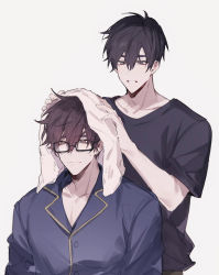 Rule 34 | 2boys, black-framed eyewear, black hair, black shirt, brown eyes, brown hair, buried stars, chinese commentary, closed mouth, commentary request, glasses, grey eyes, hair between eyes, han do-yoon, highres, holding, holding towel, lee gyu-hyuk, looking at another, male focus, mole, mole under eye, multiple boys, parted lips, shirt, short sleeves, simple background, standing, towel, towel on head, white background, yusa (yusa0751)