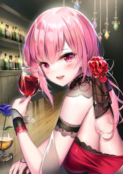 Rule 34 | 1girl, alcohol, blue flower, blue rose, blush, bottle, breasts, commentary, cup, dress, drinking glass, flower, from side, hair between eyes, highres, holding, holding cup, hololive, hololive english, looking at viewer, looking to the side, medium breasts, mori calliope, mori calliope (party dress), pink hair, red dress, red eyes, red flower, revision, rose, smile, solo, teeth, upper body, upper teeth only, virtual youtuber, wine, wine glass, yan (nicknikg)