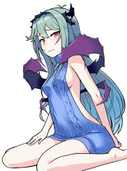 Rule 34 | 1girl, alternate costume, blue hair, blue sweater, blush, breasts, chaos aurora (grimms notes), grimms notes, hair ribbon, hand on own leg, highres, long hair, medium breasts, meme attire, nihito junnari, red eyes, ribbon, sideboob, simple background, sitting, solo, sweater, thorns, virgin killer sweater, wariza, white background