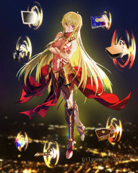 Rule 34 | 1girl, absurdres, armor, barefoot, blonde hair, blurry, blurry background, bodypaint, book, box, breasts, character name, circlet, cleavage, crossed arms, earrings, fate/grand order, fate (series), faulds, floating, forehead jewel, game console, gate of babylon (fate), genderswap, genderswap (mtf), gilgamesh-ko, gilgamesh (fate), gold armor, gun, hair between eyes, hair censor, hair over breasts, highres, jewelry, long hair, looking at viewer, navel, necklace, plantar flexion, playstation 5, pornography, red eyes, saint quartz (fate), shin guards, smile, solo, stellated octahedron, stirrup legwear, sword, toeless legwear, toned, topless, ushas, very long hair, weapon