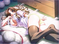 Rule 34 | 1girl, aikawa arisa, ass, blurry, breasts, brown hair, character request, crease, curvy, dengeki hime, depth of field, gym storeroom, highres, indoors, large breasts, long hair, looking at viewer, lying, nipples, no bra, no pants, on side, open clothes, open mouth, open shirt, panties, purple eyes, scan, shirt, solo, source request, thick thighs, thighhighs, thighs, underwear, vaulting horse