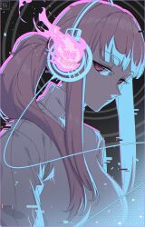 Rule 34 | 1girl, black background, blunt bangs, breasts, digital dissolve, expressionless, fire, flaming skull, fumato, glitch, grey sweater, half-closed eyes, halftone, headphones, highres, hololive, hololive english, large breasts, long hair, looking at viewer, mori calliope, outline, pink eyes, pink fire, pink hair, pink outline, ponytail, sidelocks, solo, sweater, virtual youtuber