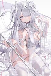 Rule 34 | 1girl, breasts, choker, gloves, grey eyes, grey nails, hair over one eye, high heels, highres, horns, koka (rikku-file), lace, lace gloves, large breasts, long hair, navel, original, panties, pelvic curtain, solo, thigh strap, thighhighs, transparent, translucent horns, underwear, very long hair, white choker, white footwear, white horns, white panties, white thighhighs