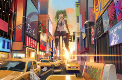 1girl, absurdres, bangs, black choker, black legwear, black shorts, building, calico m950, car, choker, city, cloud, evening, eyebrows visible through hair, giant, giantess, girls frontline, gradient sky, green hair, ground vehicle, gun, highres, holding, holding gun, holding weapon, huge filesize, jewelry, long hair, m950a (girls frontline), messy hair, motor vehicle, necklace, nighttsound, open fly, open mouth, orange sky, road, short shorts, shorts, sky, smile, solo, standing, street, submachine gun, sunset, taxi, thighhighs, traffic light, unzipped, weapon, yellow eyes