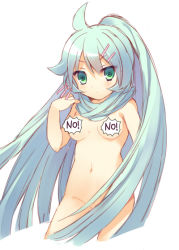 Rule 34 | 1girl, breasts, censored, censored nipples, convenient censoring, female focus, green eyes, green hair, hair censor, hair ornament, hairclip, inazuma eleven, inazuma eleven (series), inazuma eleven go, inazuma eleven go chrono stone, long hair, manto (inazuma eleven), matching hair/eyes, mayachi (amuriya), navel, nude, simple background, solo, very long hair, white background