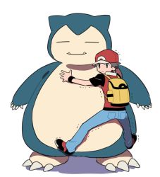 Rule 34 | 1boy, arms up, ass, backpack, bag, baseball cap, black footwear, black shirt, blue pants, claws, closed eyes, closed mouth, creatures (company), fangs, flat color, from behind, full body, game freak, gen 1 pokemon, grey eyes, grey hair, happy, hat, male focus, matching hair/eyes, nintendo, pants, pocket, pokemon, pokemon (creature), pokemon frlg, pumpkinpan, red (pokemon), red headwear, red vest, shirt, shoes, short hair, short sleeves, sketch, smile, snorlax, spiked hair, spread legs, standing, sweatband, trembling, vest