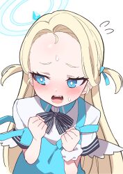 Rule 34 | 1girl, absurdres, angel wings, apron, black bow, black bowtie, blonde hair, blue apron, blue archive, blue eyes, blue halo, blush, bow, bowtie, collared shirt, commentary request, fang, forehead, halo, highres, long hair, open mouth, polo shirt, shirt, short sleeves, simple background, solo, sora (blue archive), sutora binsuke, two side up, upper body, white background, white shirt, white wings, wings