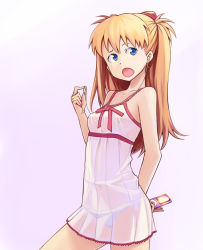 Rule 34 | 1girl, :o, blue eyes, bowieknife, brown hair, covered navel, digital media player, earphones, ipod, lingerie, long hair, negligee, neon genesis evangelion, open mouth, panties, product placement, purple background, see-through, solo, souryuu asuka langley, underwear