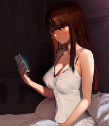 Rule 34 | 1girl, a1 (initial-g), bare shoulders, breasts, brown eyes, brown hair, cellphone, cleavage, closed mouth, covered erect nipples, dress, hime cut, large breasts, long hair, looking at phone, nightgown, nishizumi shiho, original, phone, pillow, sitting, smartphone, solo, sweat, sweatdrop, white dress