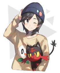 Rule 34 | 1boy, alternate costume, arm up, beanie, black eyes, black hair, blue headwear, blush, closed mouth, collarbone, colored sclera, creatures (company), cropped torso, elio (pokemon), game freak, gen 7 pokemon, happy, hat, highres, holding, holding pokemon, litten, long sleeves, looking to the side, male focus, matching hair/eyes, nintendo, one eye closed, open mouth, pokemon, pokemon (creature), pokemon sm, red eyes, rowlet, short hair, simple background, smile, sweater, swept bangs, two-tone background, unapoppo, upper body, white background, yellow sclera, yellow sweater