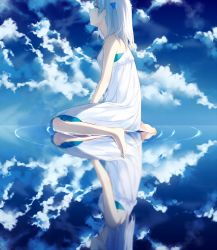 Rule 34 | 1girl, achiki, barefoot, blue eyes, blue sky, cloud, day, dress, female focus, hair ornament, long hair, original, outdoors, parted lips, profile, reflection, ripples, shade, sitting, sky, sleeveless, sleeveless dress, soles, solo, tears, triangle, wariza, water, water world