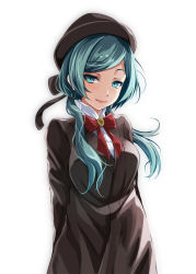 Rule 34 | 1girl, arms behind back, blue eyes, blue hair, bow, bowtie, brown cardigan, cardigan, closed mouth, dress shirt, floating hair, hatsune miku, highres, long hair, long sleeves, looking at viewer, low twintails, parted bangs, red bow, red bowtie, ren&#039;ai saiban (vocaloid), shirt, simple background, smile, solo, standing, tsukishiro saika, twintails, very long hair, vocaloid, white background, white shirt