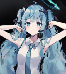 Rule 34 | 1girl, absurdres, ahoge, armpits, bare arms, bare shoulders, blue eyes, blue hair, blue necktie, blush, breasts, closed mouth, collared shirt, commentary, hair ornament, hairclip, halo, hands up, hatsune miku, headphones, headset, highres, kokao358, long hair, looking at viewer, necktie, shirt, sleeveless, sleeveless shirt, small breasts, smile, solo, twintails, upper body, very long hair, vocaloid, white shirt